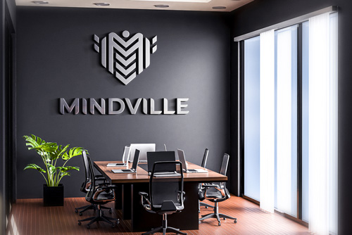 موکاپ PSD رایگان لوگو در دفتر کار به همراه میز و لپتاپ بصورت لایه باز